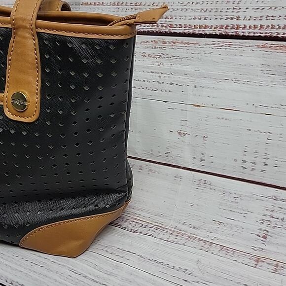 Marc Fisher Black Tan Perforated Vegan Leather Double Handle Handbag Purse - Picture 8 of 16